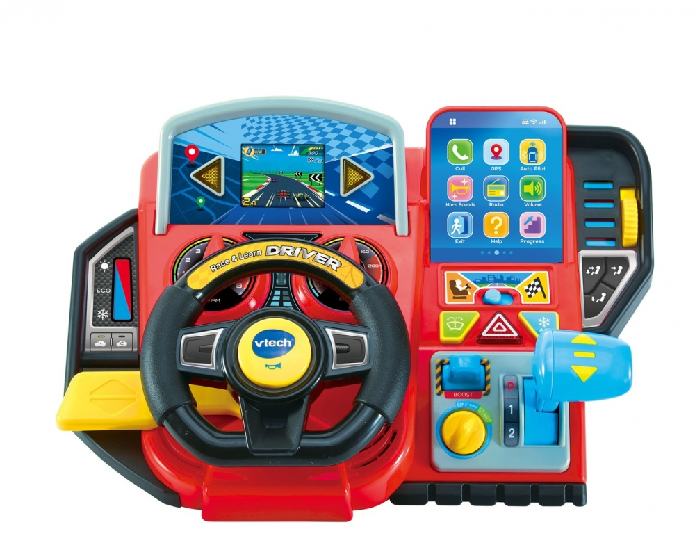 Driving toy dashboard with steering wheel, gear shift, turn signals, hazard lights, wipers and horn. Intended for ages 3-6 years.
